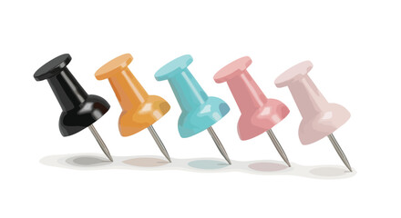 A row of five multicolored plastic pushpins with sharp metal points lined up diagonally on a clean white surface.