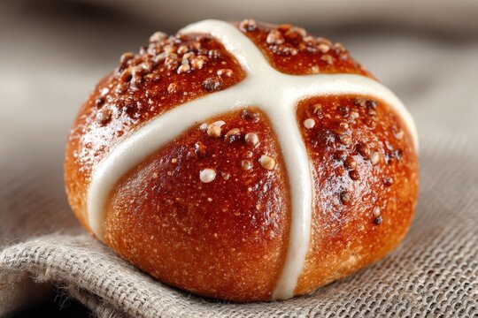 Delightful close-up of a freshly baked hot cross bun showcasing golden brown crust dotted with sugar crystals and adorned with a white icing cross symbolizing seasonal delicacy and tradition