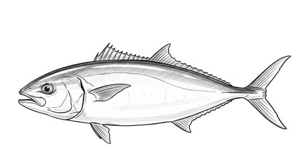 Fototapeta premium Black and white line drawing of a tuna style fish with fins and scales isolated on white background, detailed hand-drawn marine life illustration 
