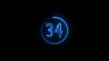 Glowing Neon number 34 icon animation. Neon number thirty four sign background.