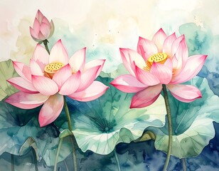 Delicate lotus blossoms in soft watercolor