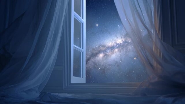 Looping 4K Animation of a Dreamy Window Looking at the Galaxy