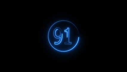 Glowing Neon number 91 icon animation. Neon number ninety one sign background.