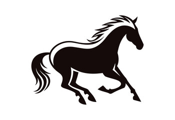 Obraz premium Dynamic black silhouette of a running horse in a stylized graphic vector illustration