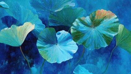 Impressionistic painting of large, round, teal and green lotus leaves, overlapping on a deep blue, textured background