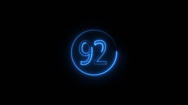 Glowing Neon number 92 icon animation. Neon number ninety two sign background.