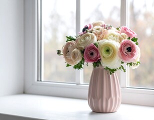 Delicate pastel flowers in a vase by a window