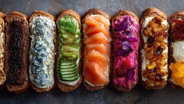 A row of seven open-faced sandwiches, each with unique and colorful toppings, including smoked salmon, beetroot relish, and creamy spreads, arranged on dark stone