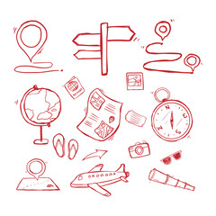 Travel, Vacation and Exploration Symbols in Hand Drawn Vector Style