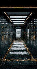 Sleek, dark corridor with reflective floor, illuminated by warm overhead lights, leading to a light-filled exit.  Rain-slicked surface reflects the lighting