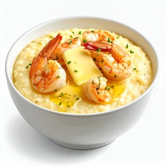 Delicious shrimp and grits dish in white bowl on bright, clean background