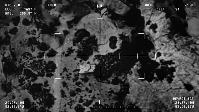 Combat Mission Drone Scanning Battlefield For Enemy Vehicles Fires Rocket At Tank. Combat Drone Completing Rocket Attack Mission. Drone On Military Combat Mission Using Weapon System
