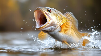 Large fish jumping out of water with splashes under a bright sky during early morning hours in a tranquil lake