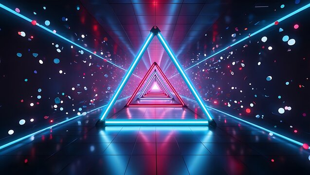 Futuristic neon triangle portal with glowing blue and pink lights and sparkling particles creating a mesmerizing abstract geometric tunnel effect for sci fi or technology backgrounds