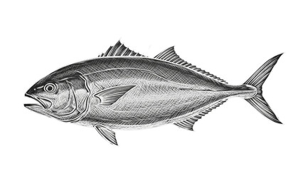 Highly detailed black and white engraved style illustration of a tuna fish isolated on white background, realistic vintage marine animal drawing perfect for fishing, seafood industry, biology