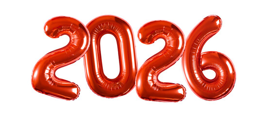 red inflatable balloons shaped as the numbers 2026, reflective metallic surface catching light, elegant festive look, isolated on a clean white background