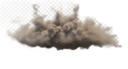 Realistic burst of thick brown dust and dirt particles from a powerful ground explosion. Isolated smoke cloud with debris in frozen motion on a transparent PNG