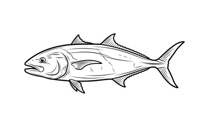 Detailed black and white vector illustration of a tuna fish isolated on white background, realistic hand drawn style marine animal artwork for fishing, seafood, nature, and educational design use
