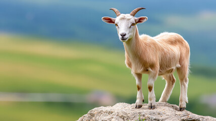 Obraz premium Goat rock horn animal nature standing outdoor blurred background countryside mammal fur
