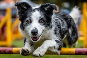 Border Collie Leaping Over a Jump at Dog Agility Course
