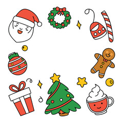 A charming set of Christmas holiday icons, including a cartoon Santa, snowman, and decorated tree, for your New Year's celebration designs