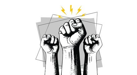 Three fists raised in protest with lightning bolts above them.