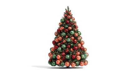 Fototapeta premium Classic Christmas tree filled with lights copper red and green glossy spheres plain isolated background