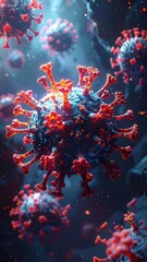 Microscopic view of viruses, vibrant red and blue hues