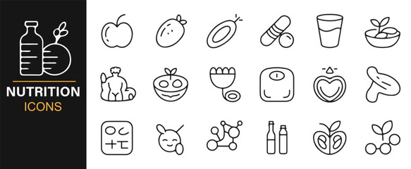 Nutrition vector set editable stroke illustrations of healthy diet symbols