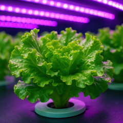 Vibrant lettuce plant: A close-up shot of a lush, green lettuce plant, brilliantly illuminated by vibrant purple LED lights, showcasing modern farming innovation.