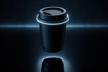 Glowing Coffee Cup: A sleek, minimalist composition features a modern coffee cup, enhanced by an ethereal glow, set against a deep, dark backdrop.
