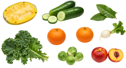 Assortment of fresh sliced and whole vegetables and fruits including yellow tomato, cucumber, kale, tangerine, brussels sprout, peach, and radish, perfect for healthy eating