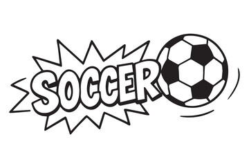Vector drawing of a soccer ball with the word “Soccer,” in black and white style with bold black outlines, suitable for event branding or creative sports projects.