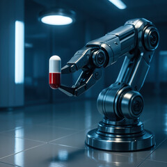 Robotic Arm Holding Capsule: A close-up shot of a metallic robotic arm delicately cradling a pharmaceutical capsule in a sterile, modern laboratory setting.