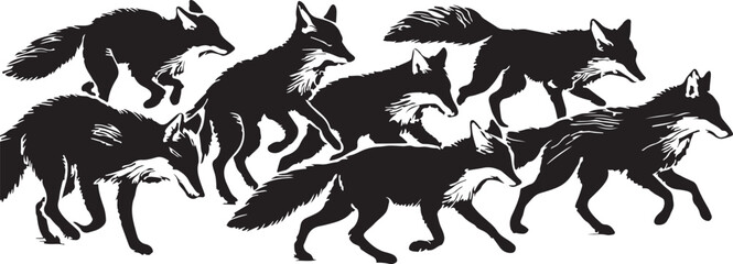 A pack of black foxes with bushy tails and pointed ears in a dynamic silhouette against a white background
