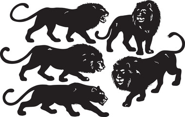 Silhouette of five powerful lions in various dynamic poses against a white background