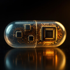 Digital Pill: An artistic representation of a translucent capsule containing a network of circuit boards, subtly reflecting the future of medicine and technology.