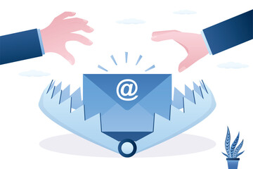 Email in animal trap, users hands catch ads, spam and viruses on gadgets. Marketing, promotion campaign. Mail and traps, spam, phishing email, marketing pitches.