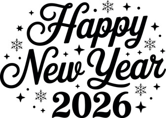 Happy New Year 2026 text with snowflakes and stars celebration greeting