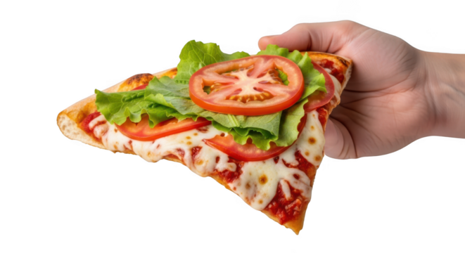 Hand holding a slice of fresh pizza with lettuce and tomato isolated on transparent background
