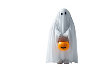 A child in a ghost costume holding a pumpkin bucket on a transparent backdrop