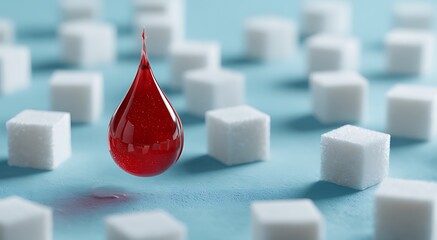A single red drop poised above a field of white sugar cubes