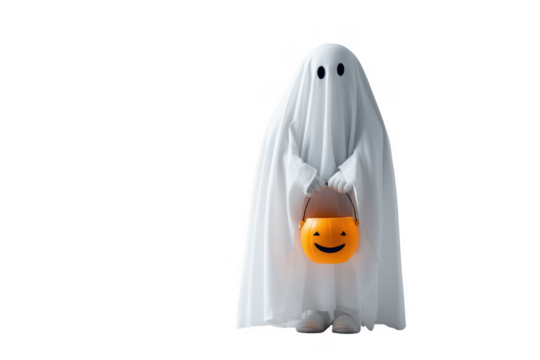A child in a ghost costume holding a pumpkin bucket on a transparent backdrop - Powered by Adobe