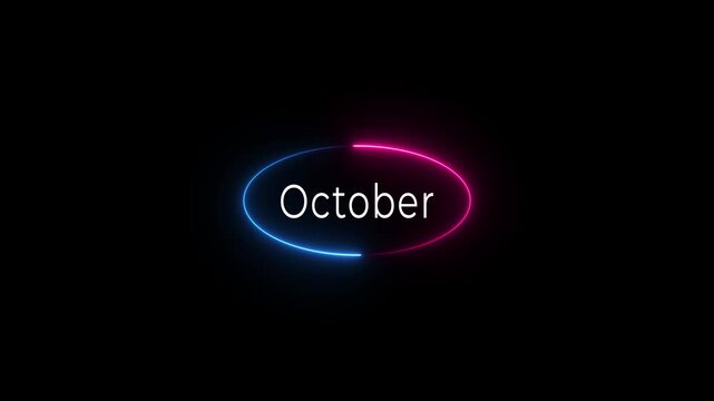 Abstract mark text month name icon animation. Neon shine month name october text sign icon animation on black background., two color circle animation and white color october text icon. 4k video.