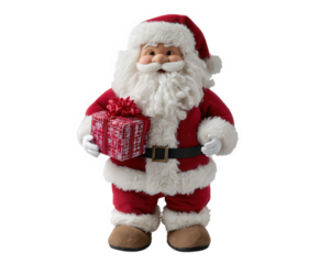 Santa doll Christmas gift box red white festive holiday plush decoration cheerful winter isolated toy celebration traditional cute costume beard hat present joy merry season happy holding ribbon