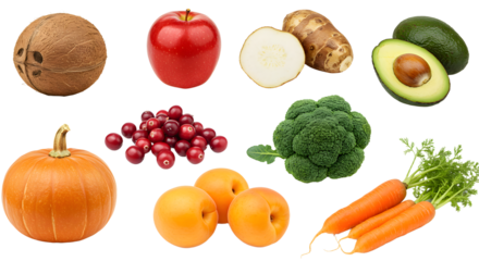Assorted fresh autumn fruits and vegetables : a pumpkin, carrots, apricots, cranberries, coconut, apple, broccoli, avocado, and Jerusalem artichoke, perfect for healthy eating or seasonal recipes