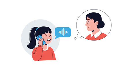 A young girl happily talks on her phone with her grandmother who is thinking of her and smiling back at the conversation.