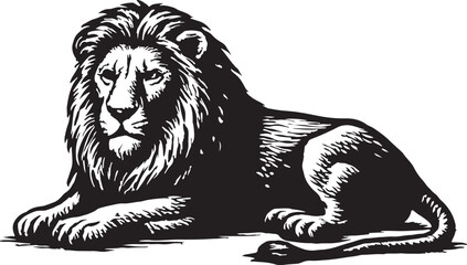 Majestic male lion with full mane lying down in a regal pose isolated on white background