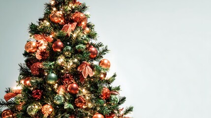 Bright festive Christmas tree adorned with glowing lights copper red and green ornaments on a clear background