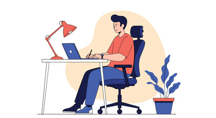 Fototapeta premium A person is working on a laptop at a desk with a lamp and a plant nearby.